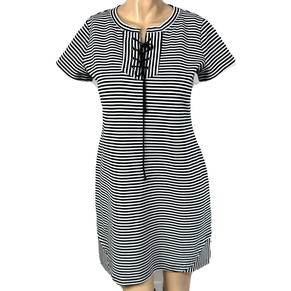 Cabi Captain T- Shirt Dress Size S Navy White Striped Lace Up Neck Nautical